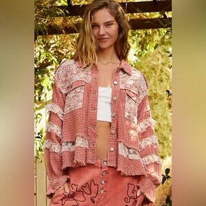 Lace Ruffle Raw Hem Twill Shacket - POL